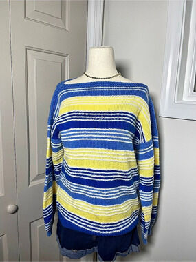 Specialty Hand Made Striped Crewneck Sweater in Blue & Yellow Casual
